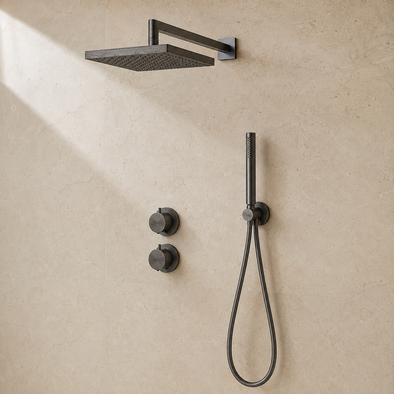Brushed metal concealed shower system on warm limestone