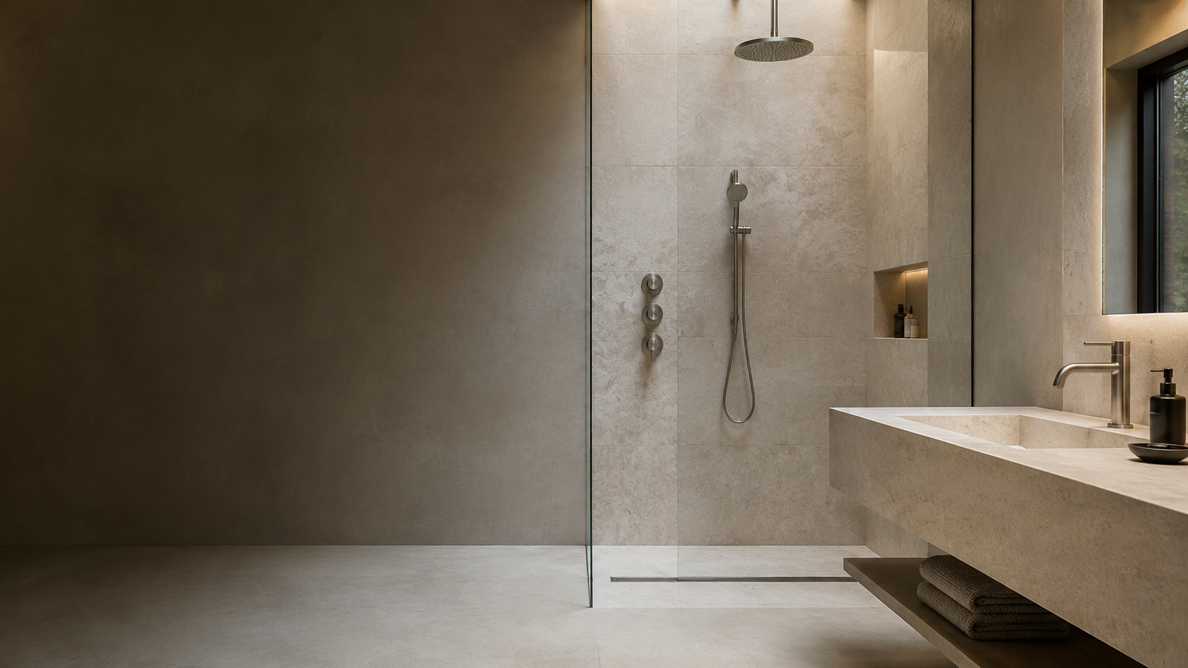 Refined contemporary bathroom with concealed shower and basin fixtures